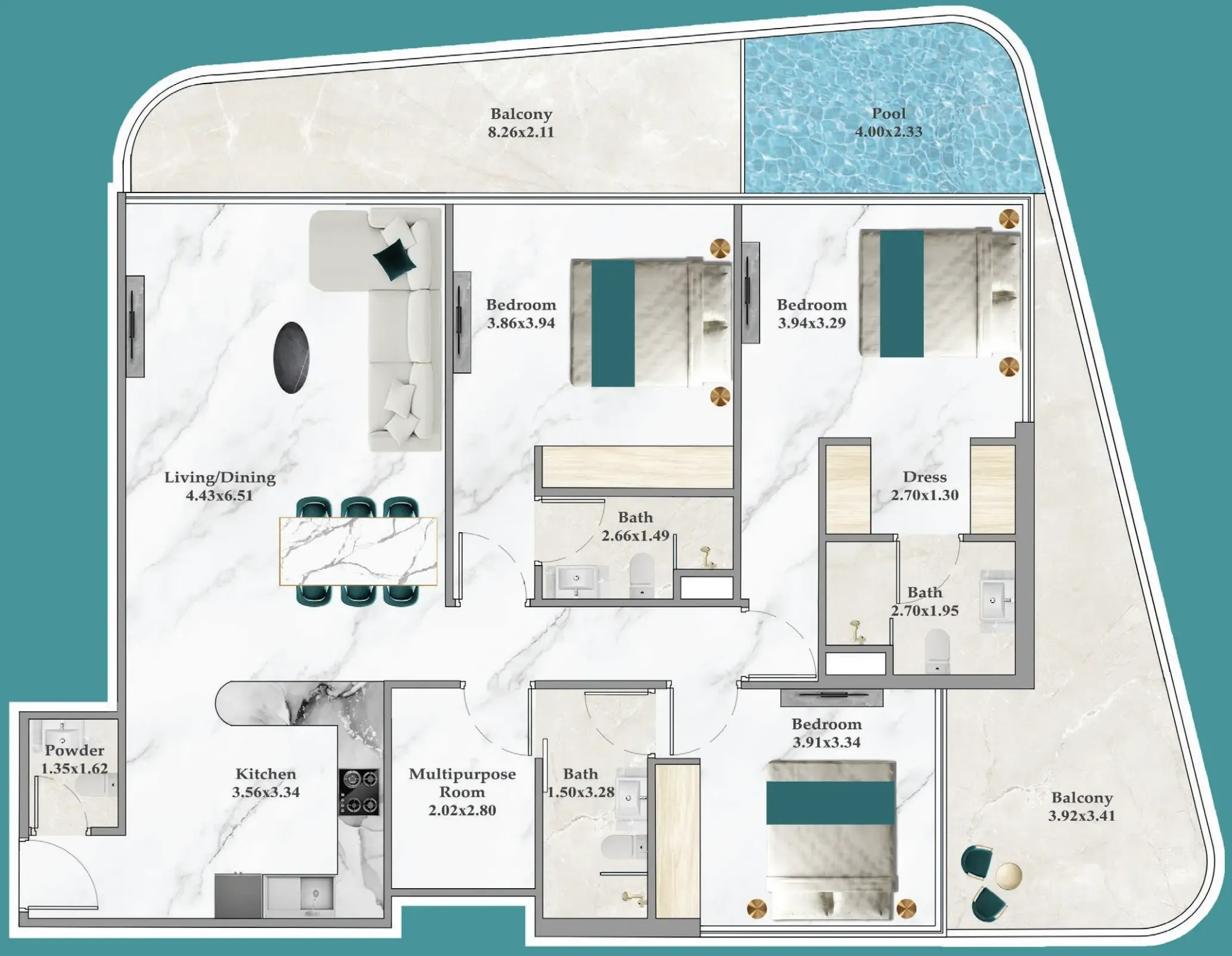3 bedrooms floor plan