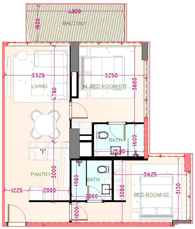 2 bedrooms floor plan