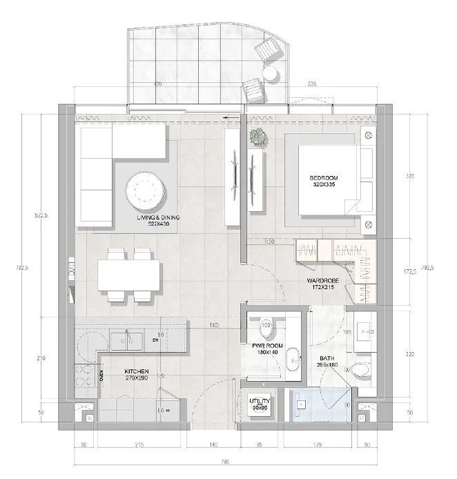 RAK Properties Solera Downtown Mina 1BR floor plan