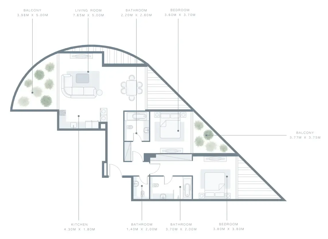 2 bedrooms floor plan