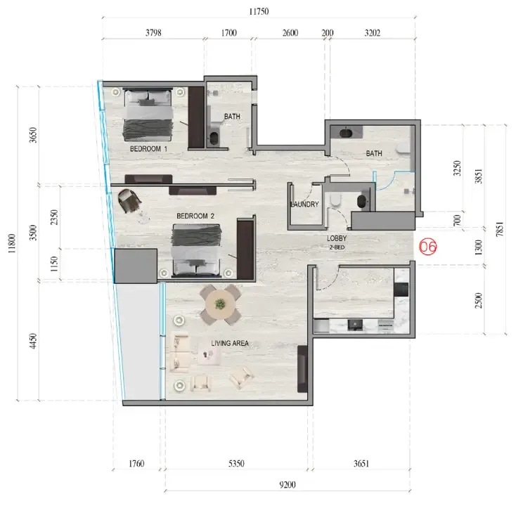 2 bedrooms floor plan