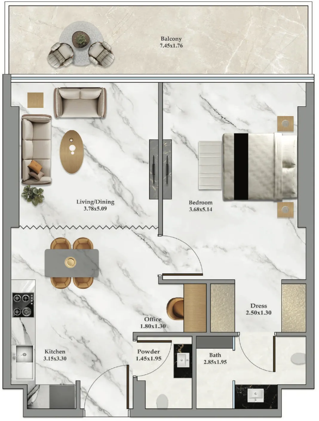 Danube Bayz 102 1BR floor plan