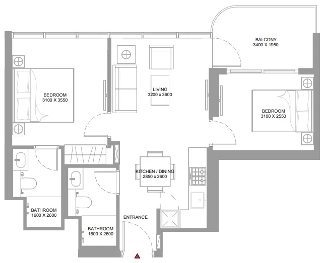 2 bedrooms floor plan
