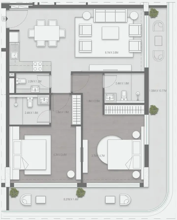 2 bedrooms floor plan