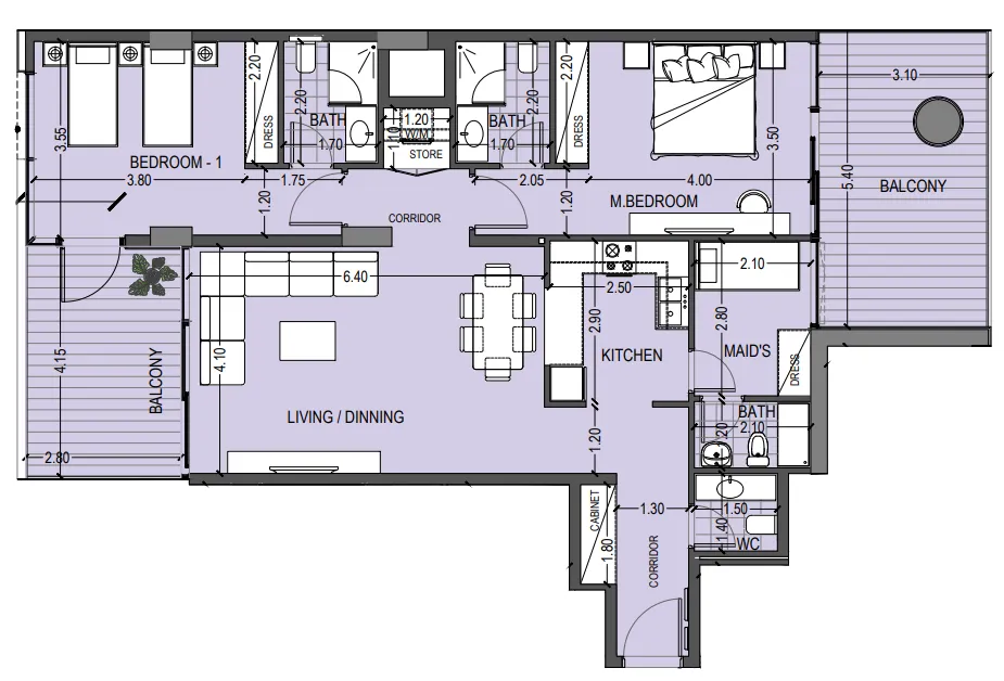 2 bedrooms floor plan
