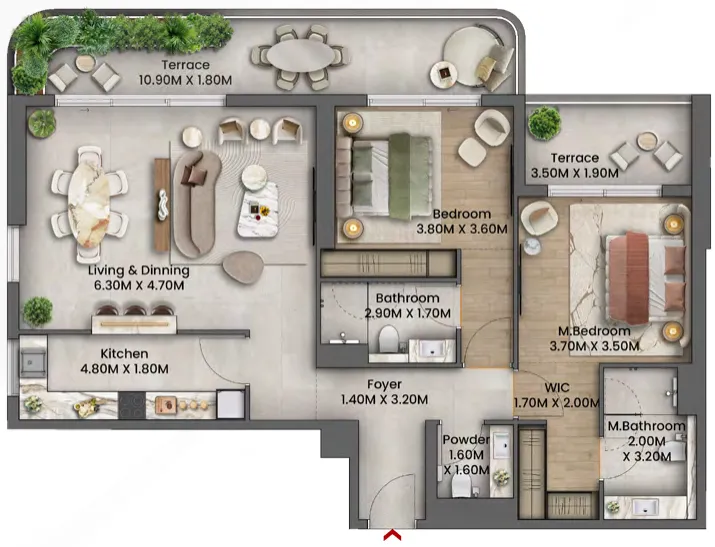 2 bedrooms floor plan