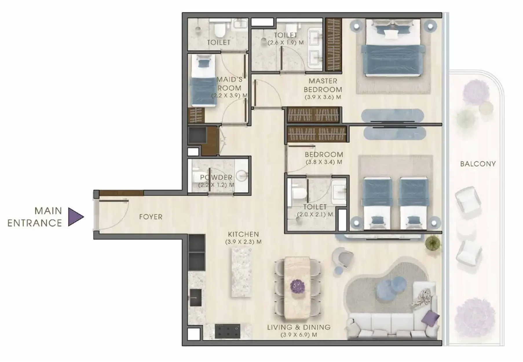 2 bedrooms floor plan