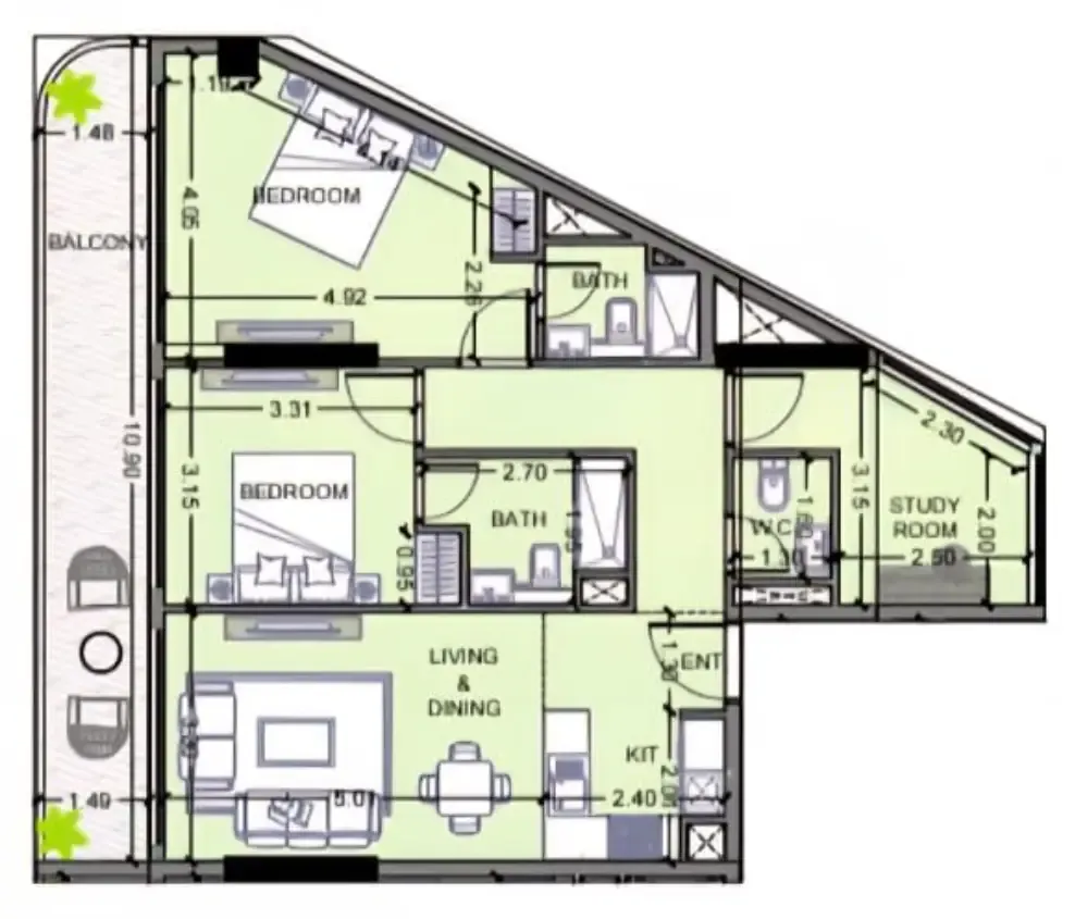 2 bedrooms floor plan
