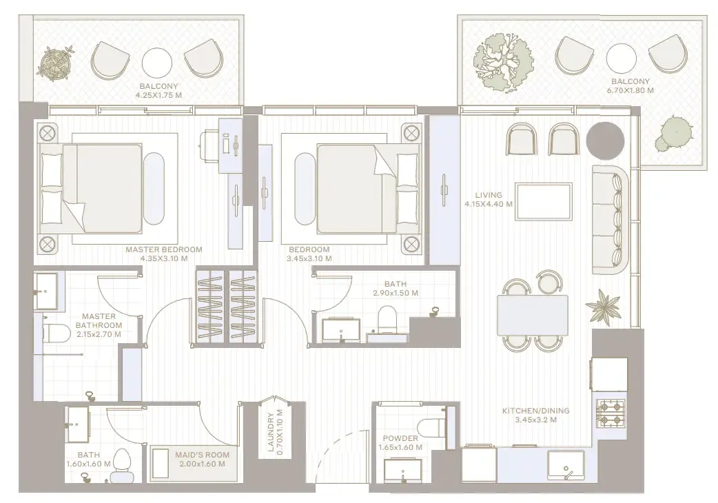 2 bedrooms floor plan