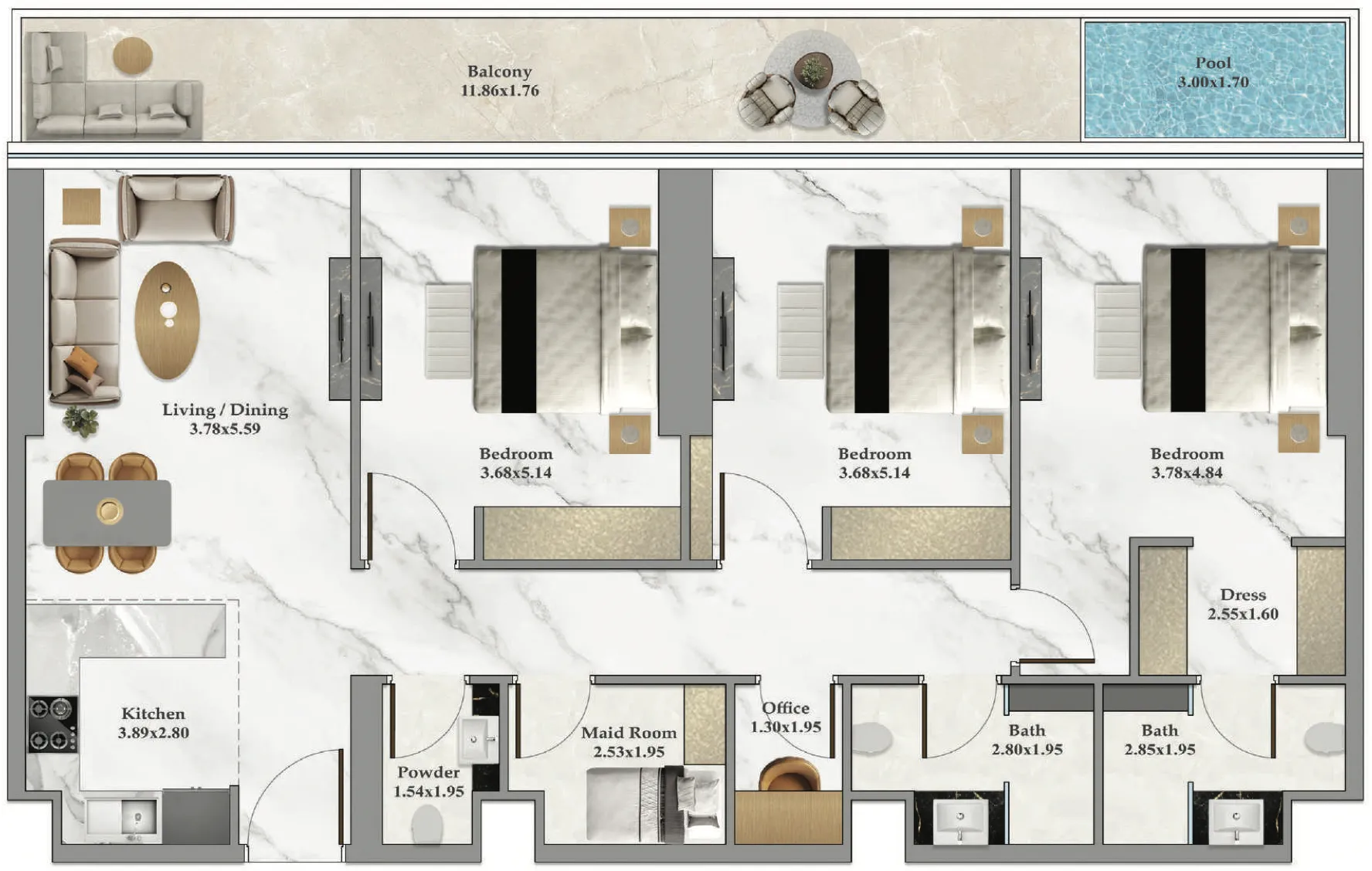 Danube Bayz 102 3BR floor plan
