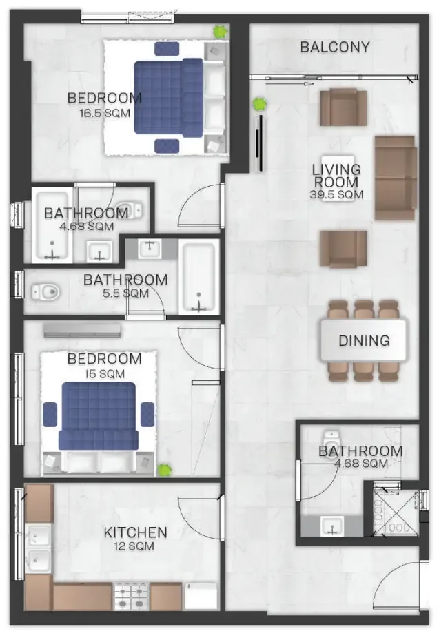 2 bedrooms floor plan