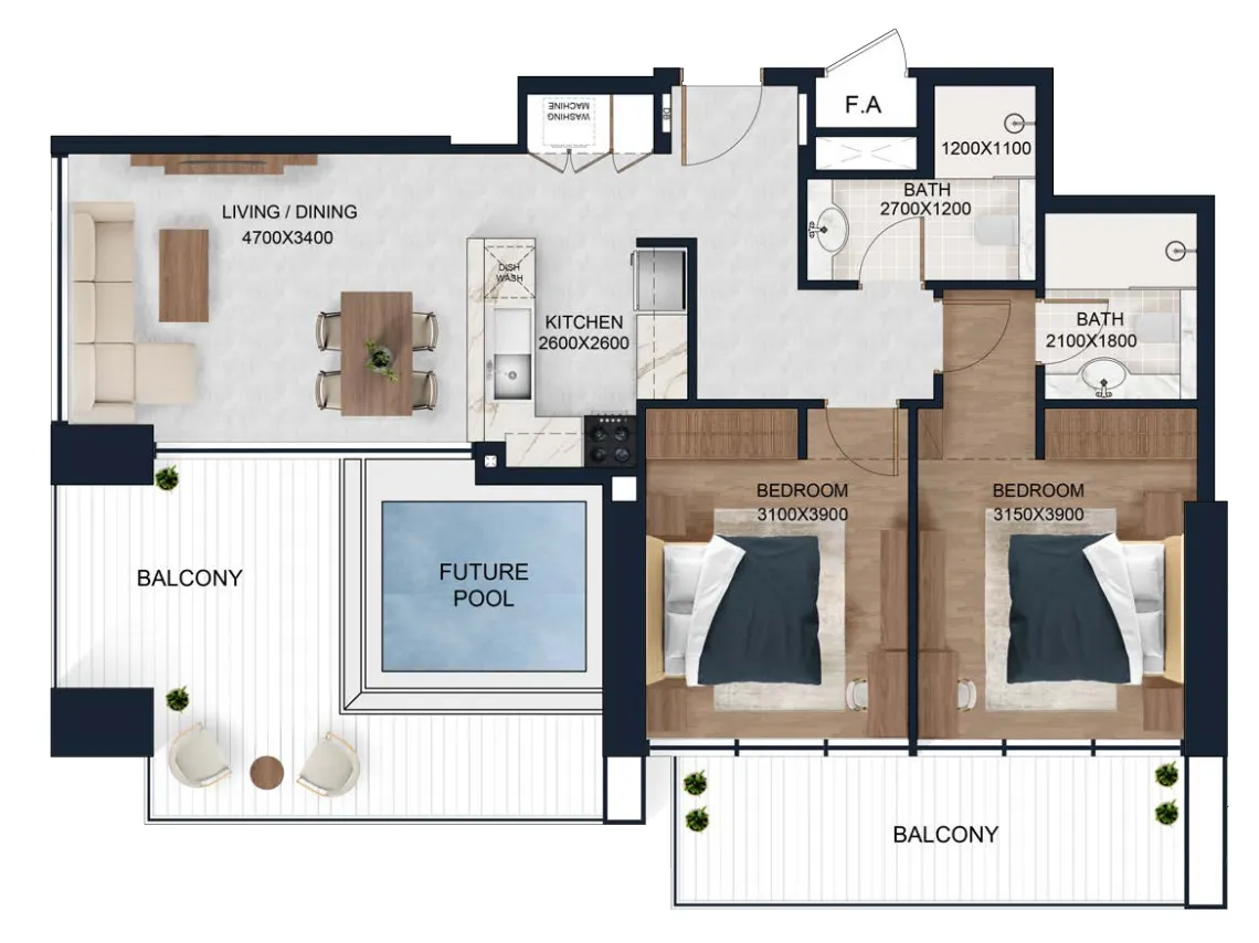 2 bedrooms floor plan