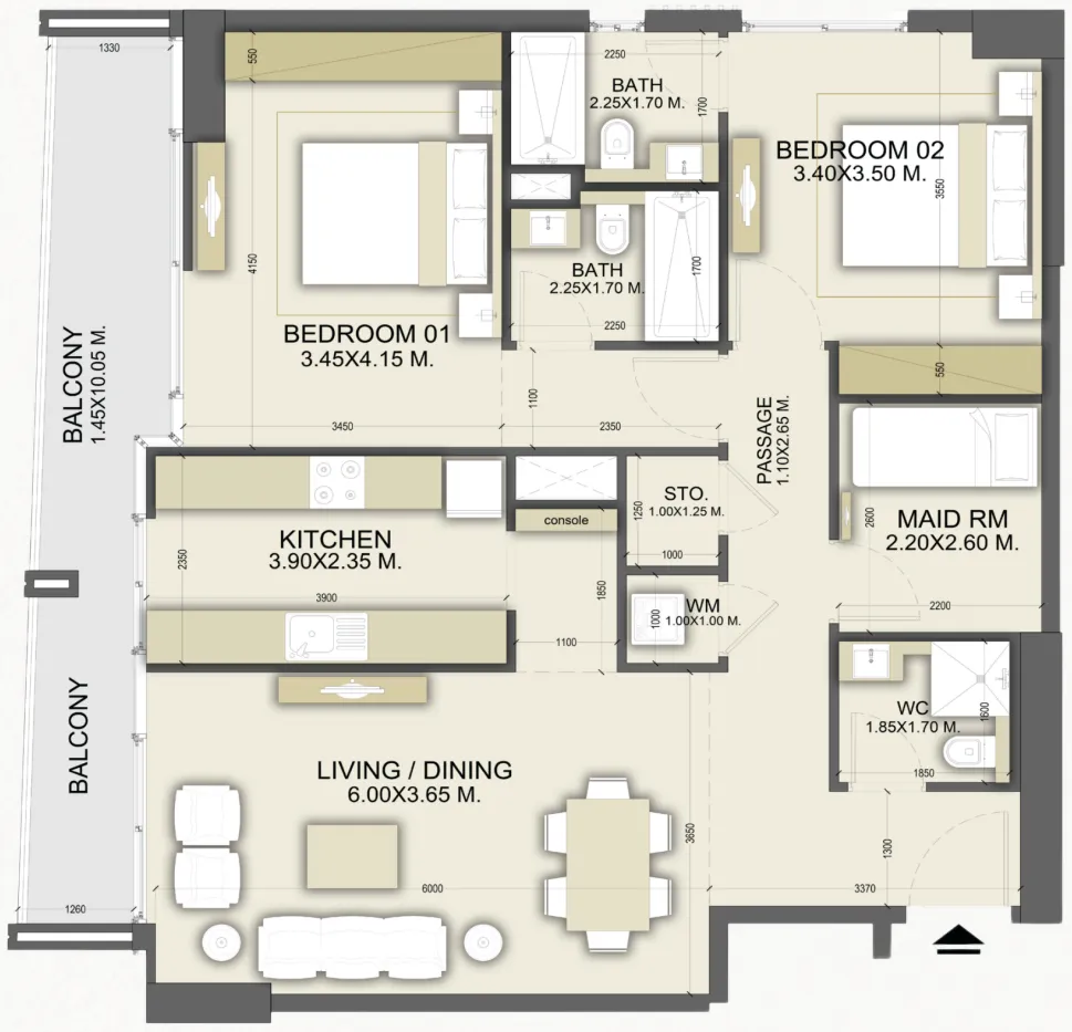 2 bedrooms floor plan