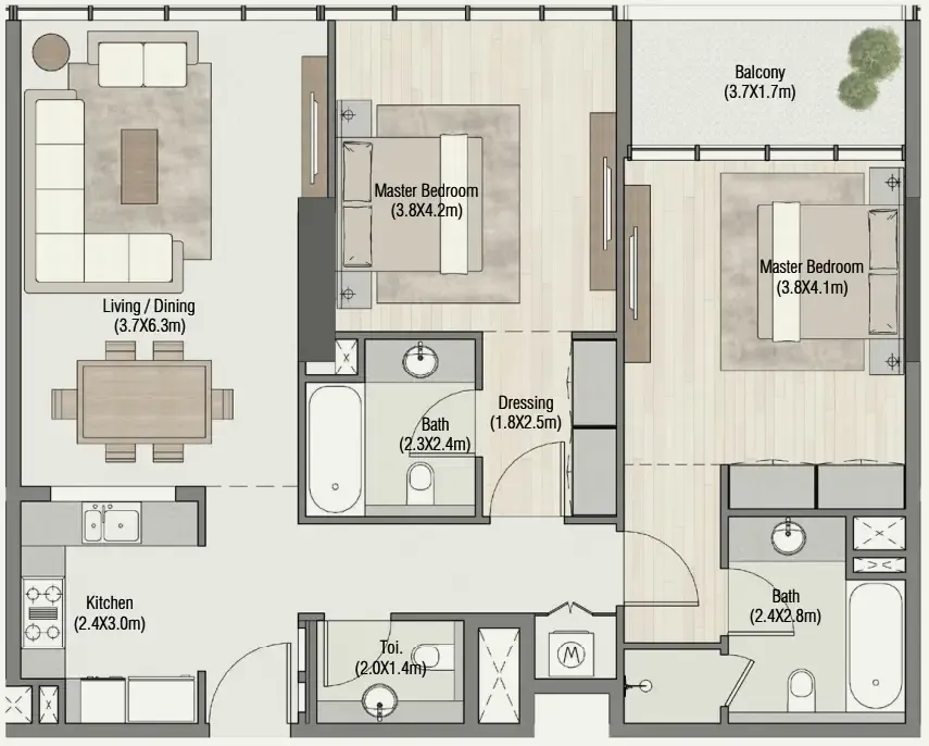 2 bedrooms floor plan