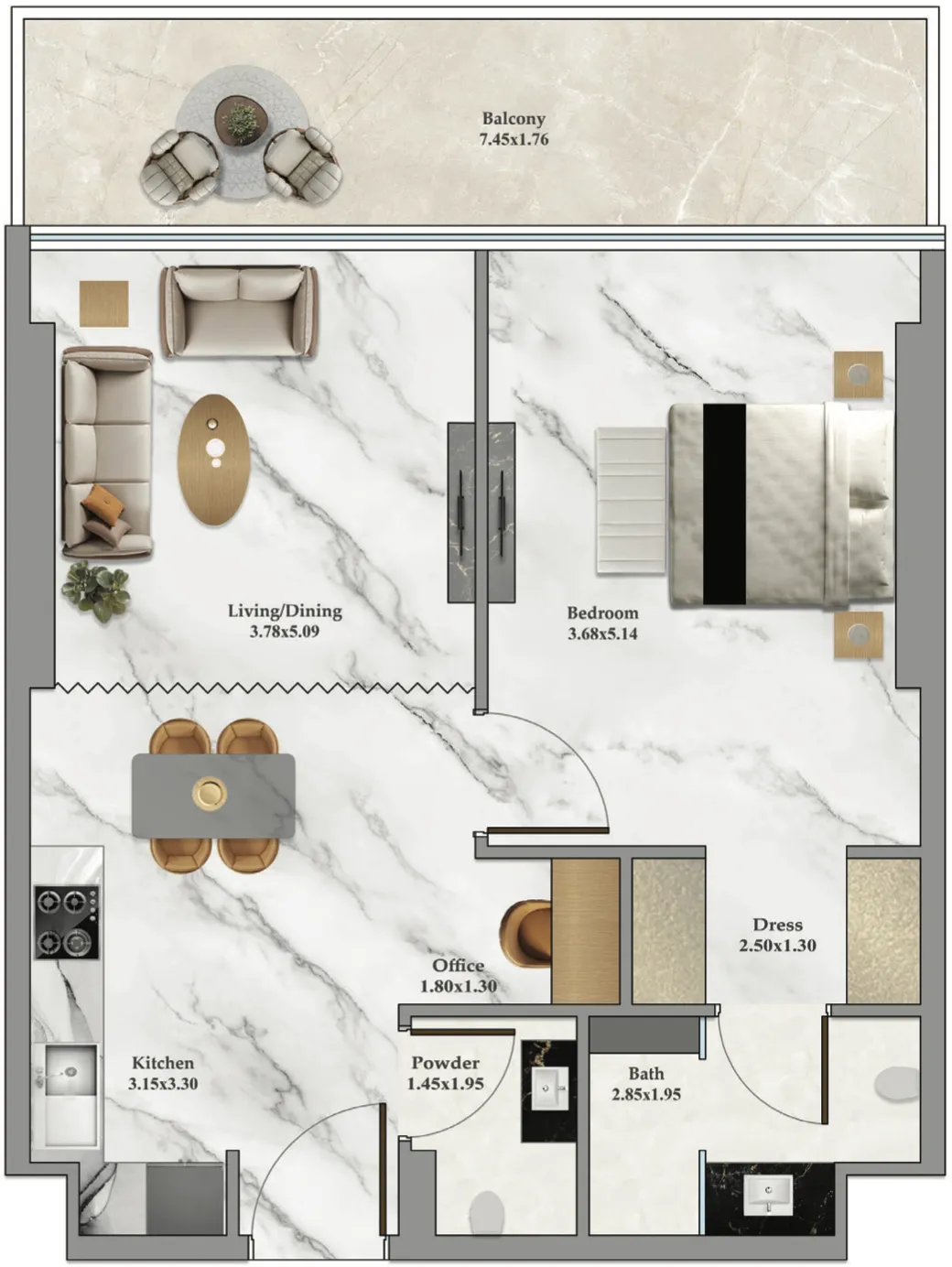 Danube Bayz 102 1BR floor plan