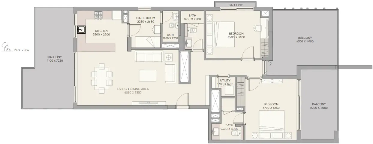 2 bedrooms floor plan