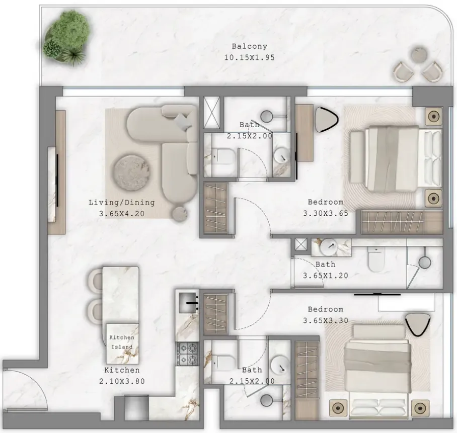 2 bedrooms floor plan