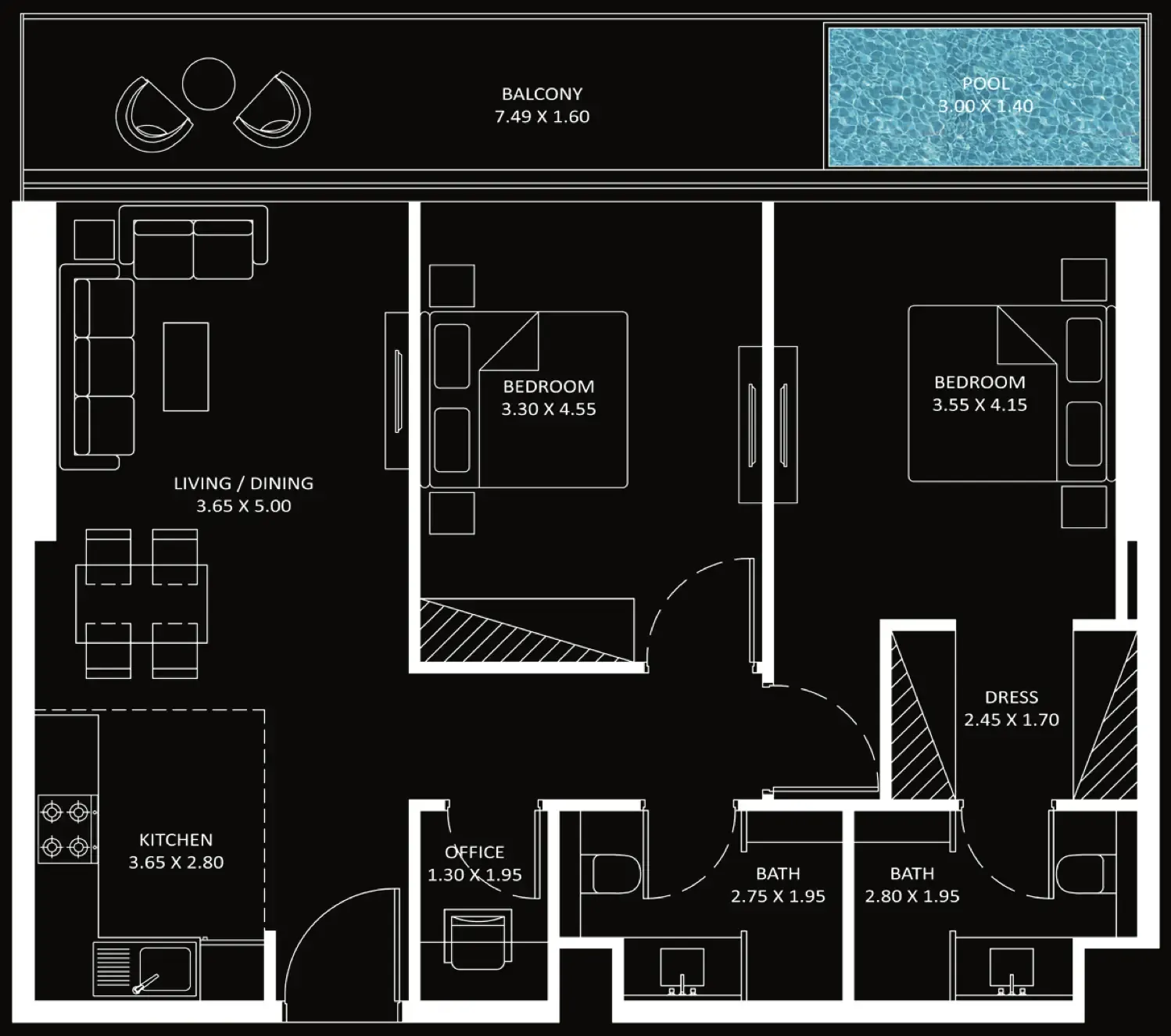 2 bedrooms floor plan