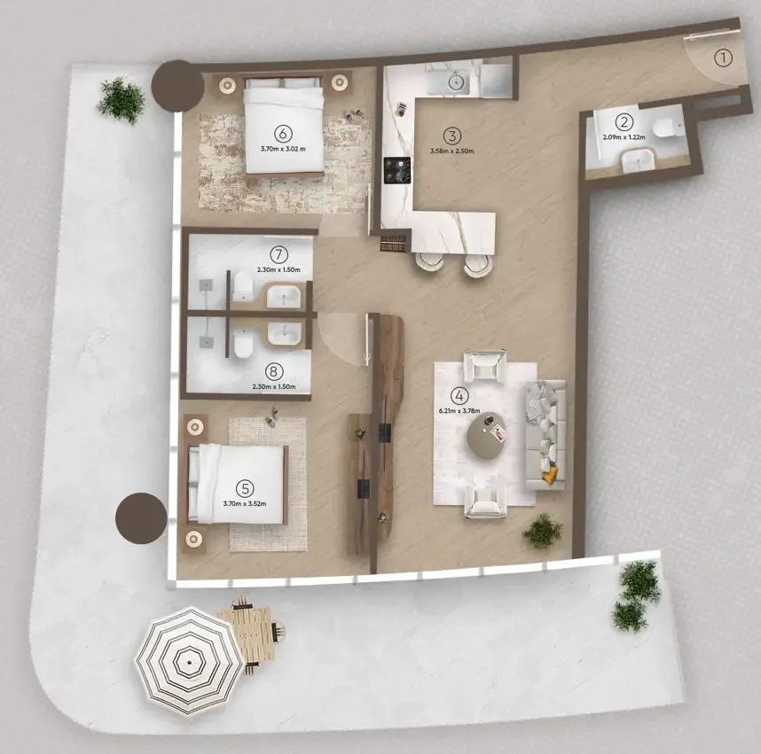 2 bedrooms floor plan