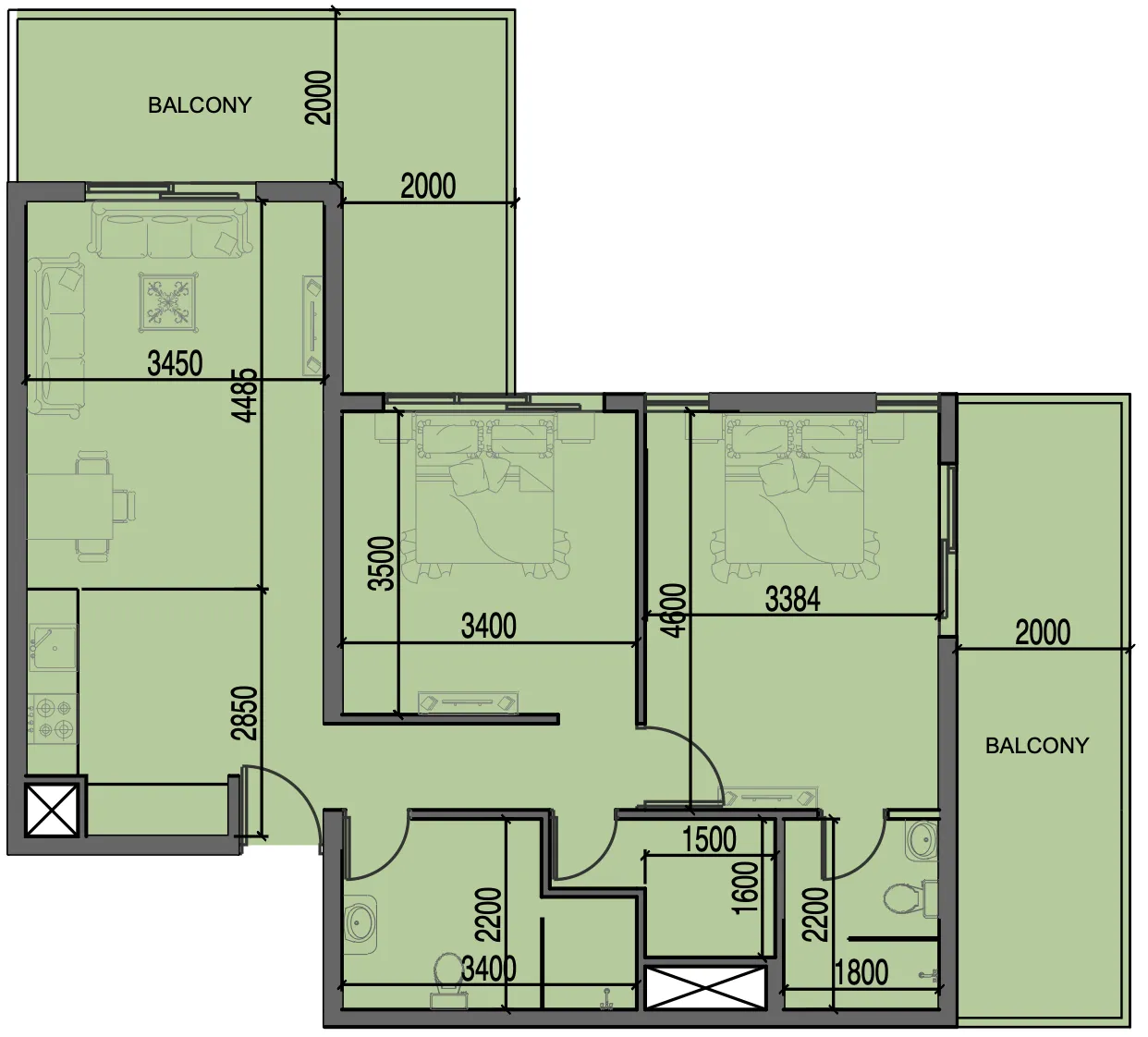 2 bedrooms floor plan