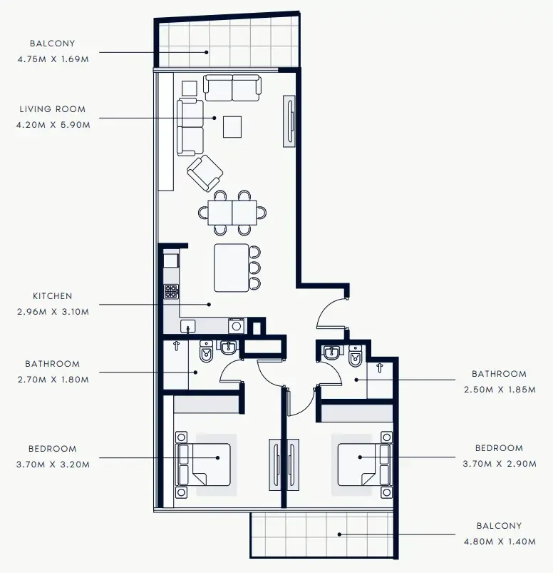 2 bedrooms floor plan