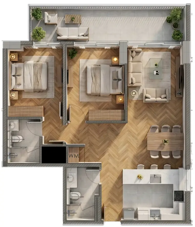 2 bedrooms floor plan
