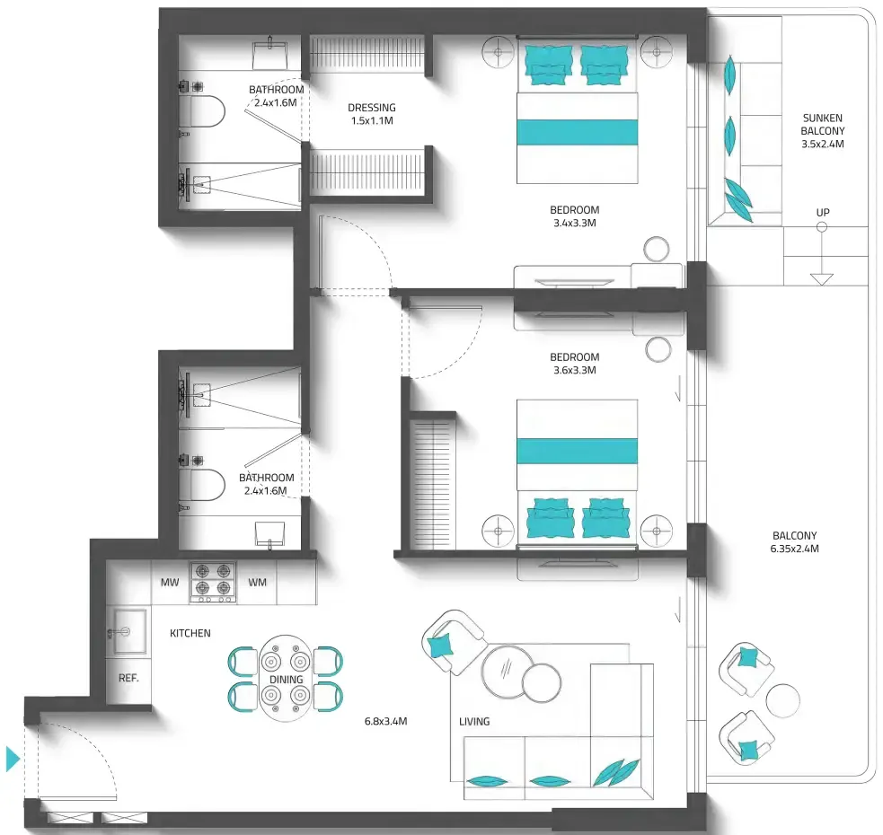 2 bedrooms floor plan