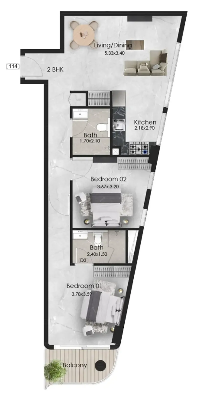 2 bedrooms floor plan