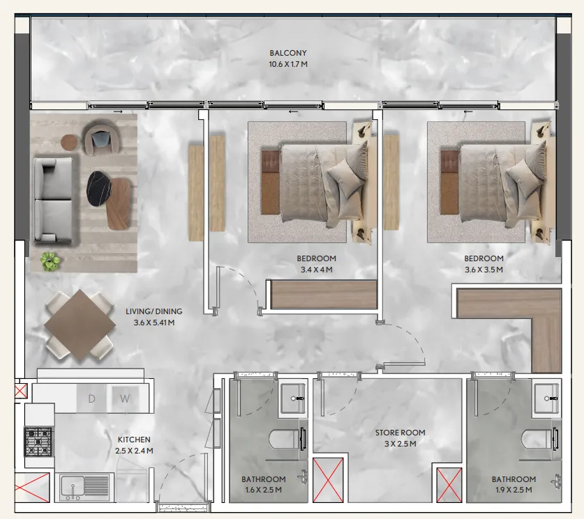 2 bedrooms floor plan