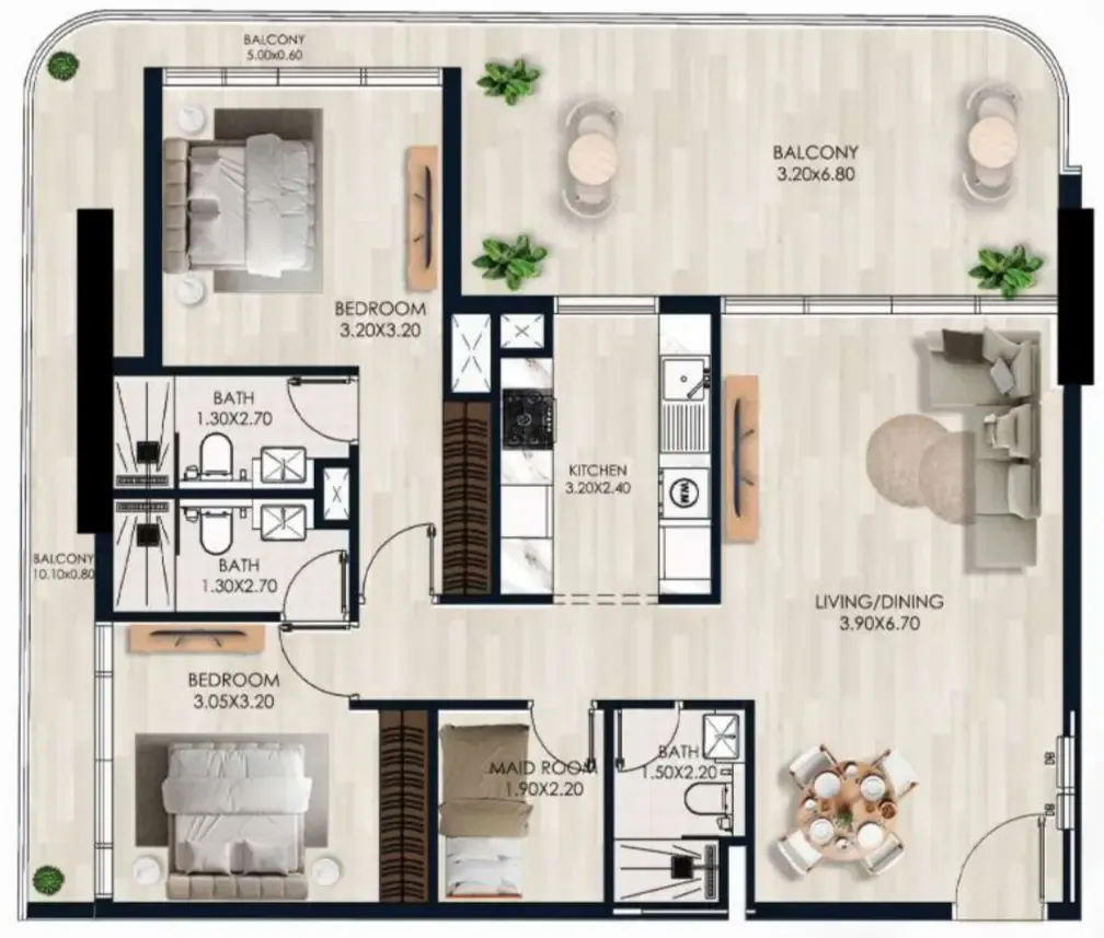 2 bedrooms floor plan
