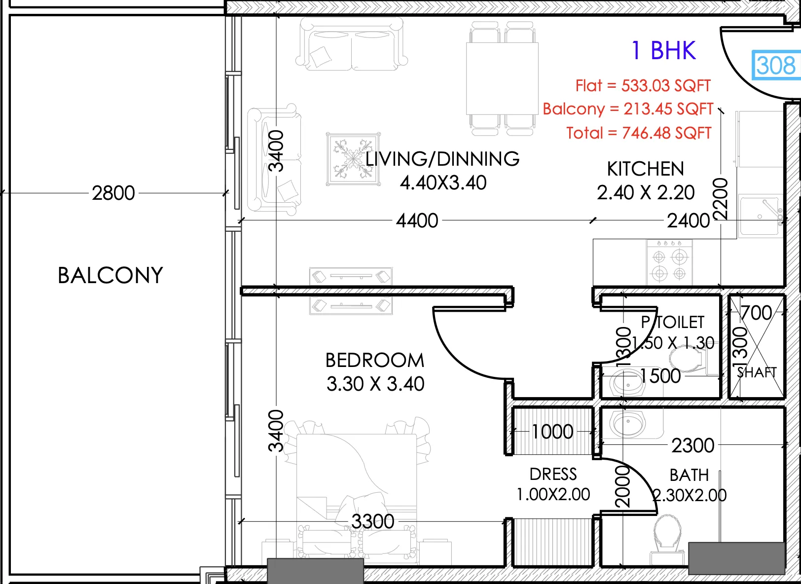 1 bedroom floor plan