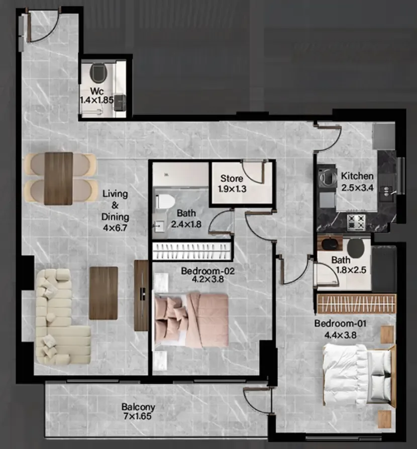 2 bedrooms floor plan