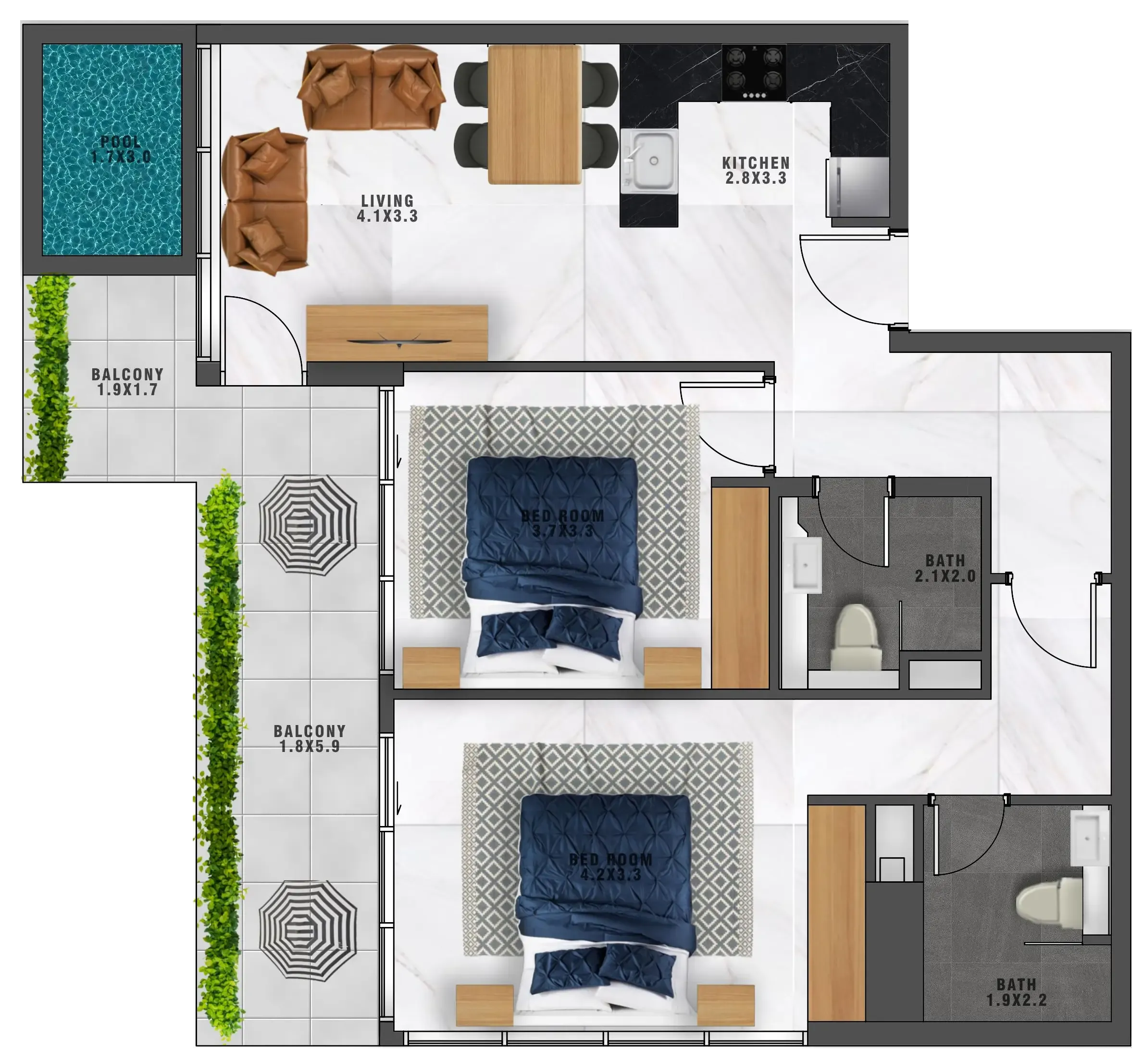 2 bedrooms floor plan