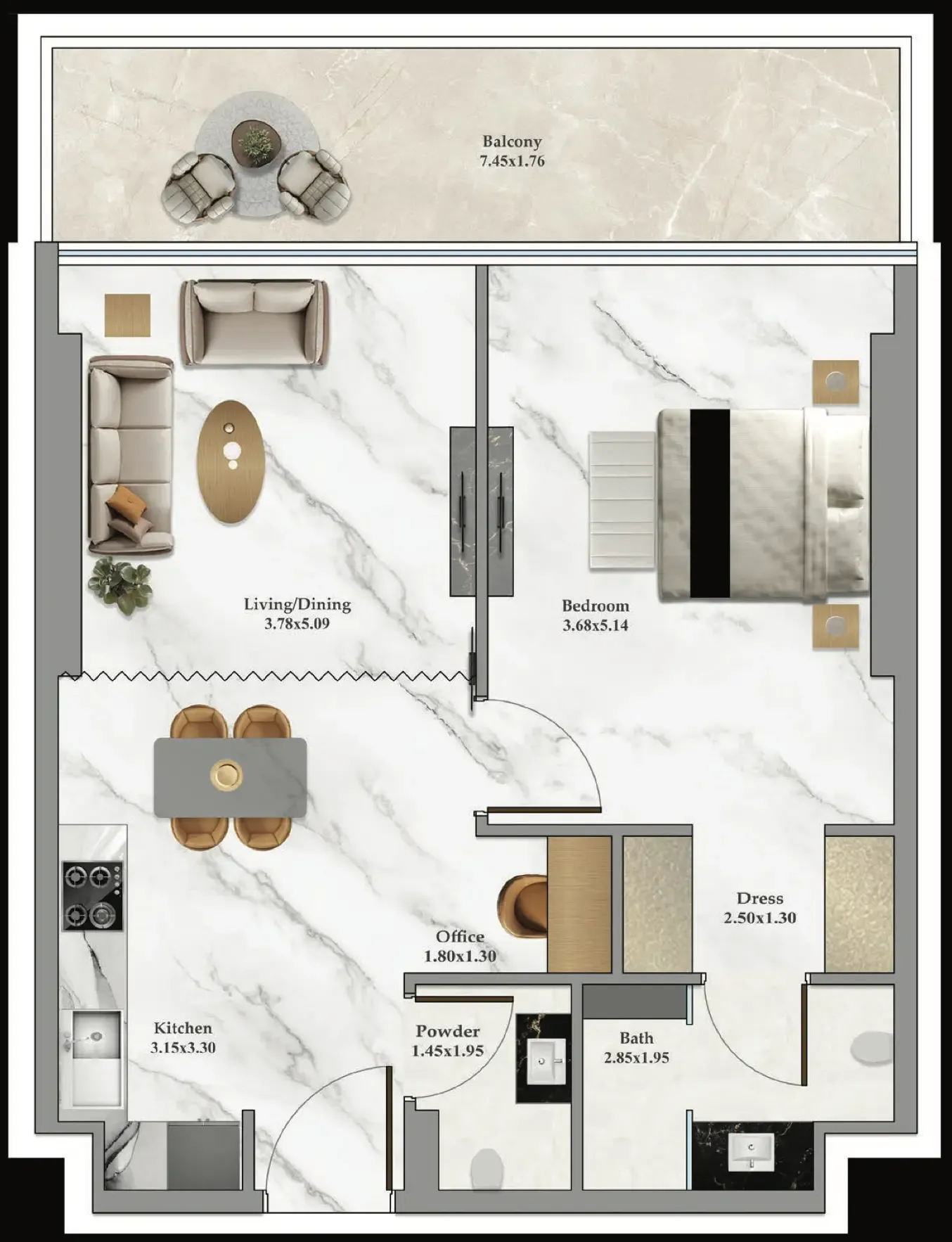 Danube Bayz 102 1BR floor plan