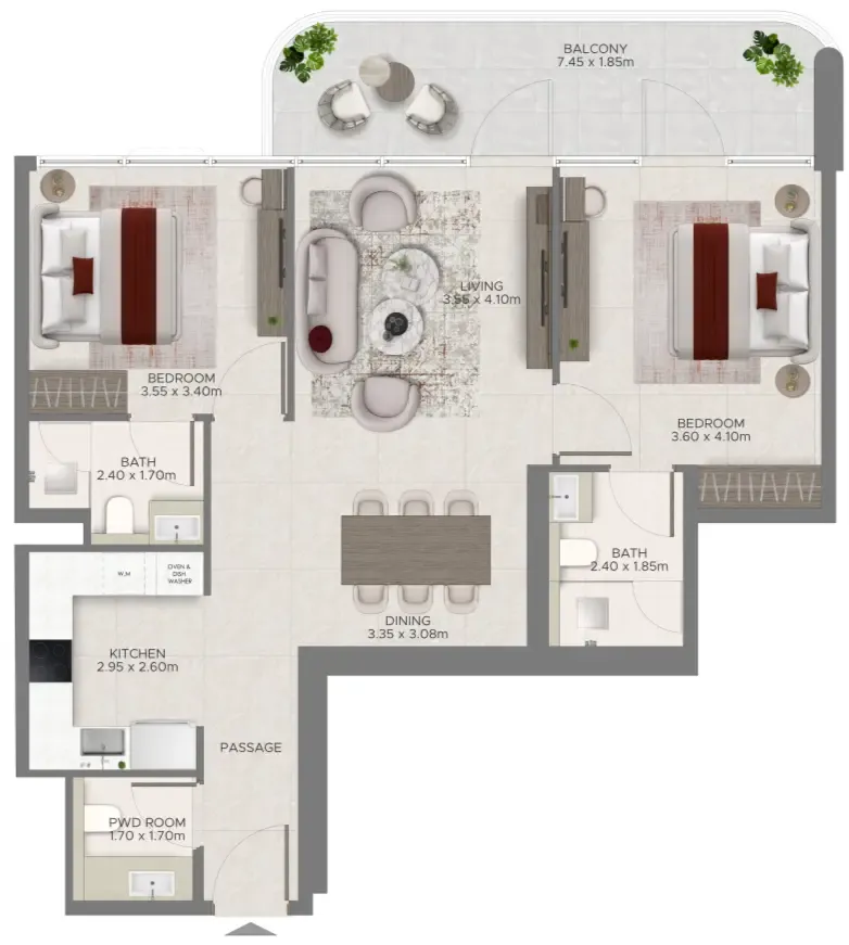2 bedrooms floor plan