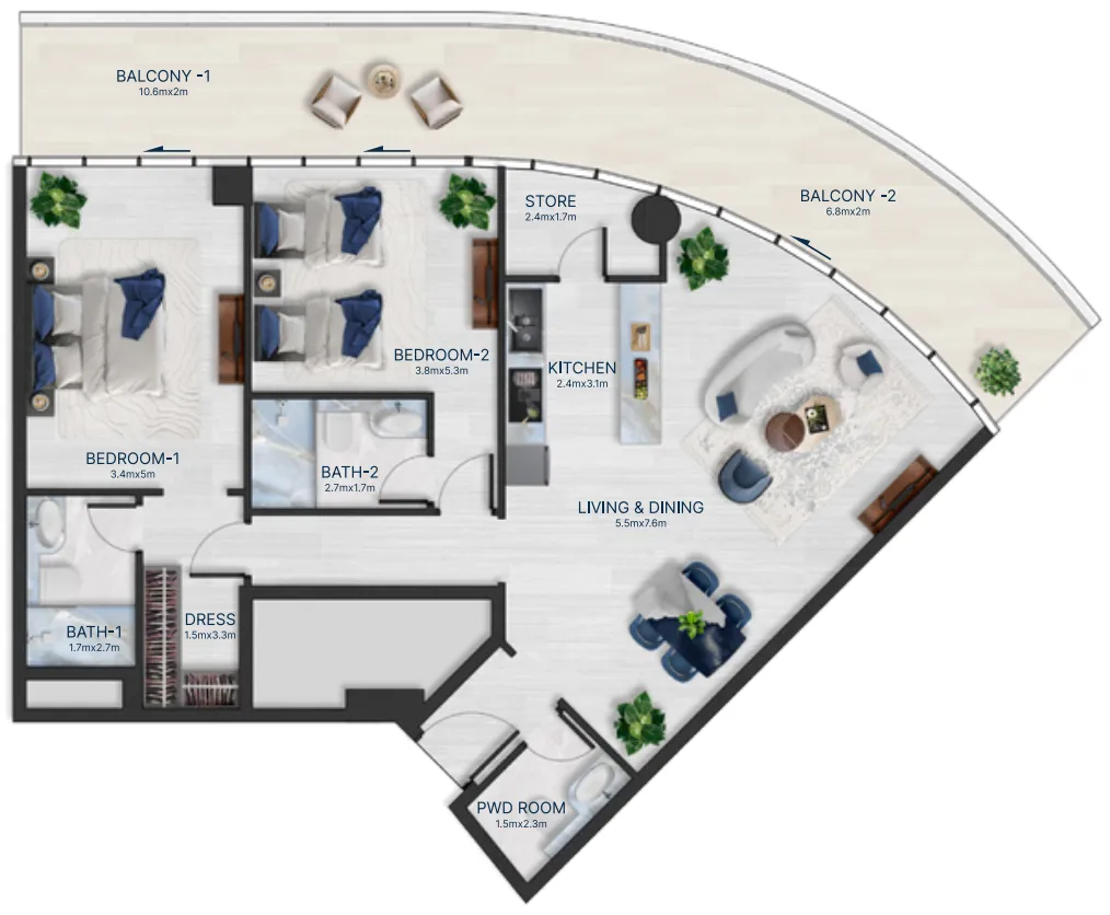 2 bedrooms floor plan