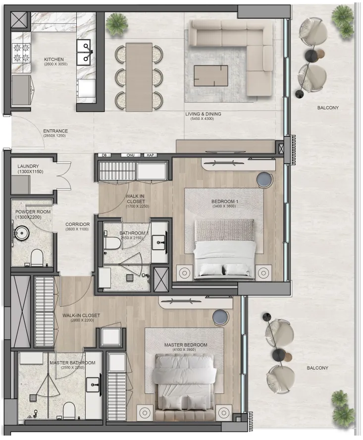2 bedrooms floor plan