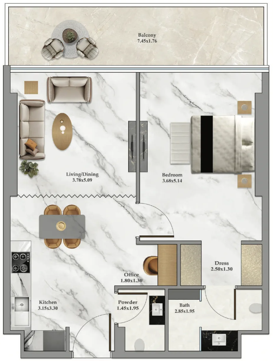 Danube Bayz 102 1BR floor plan