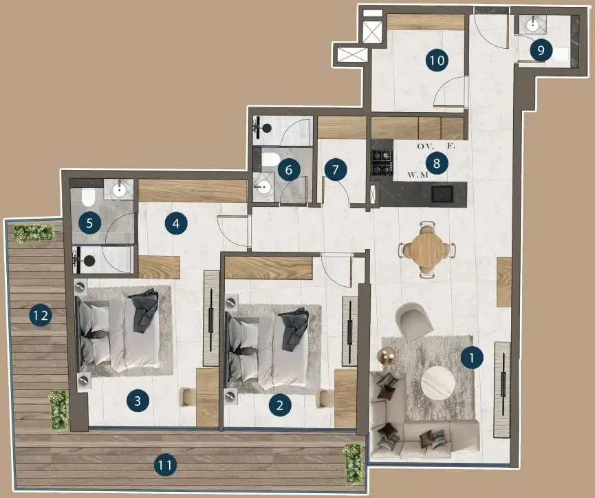 2 bedrooms floor plan