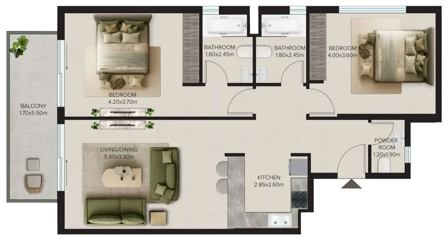 2 bedrooms floor plan