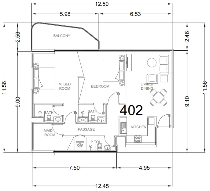 2 bedrooms floor plan