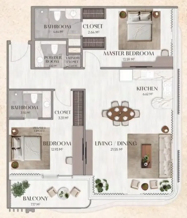2 bedrooms floor plan