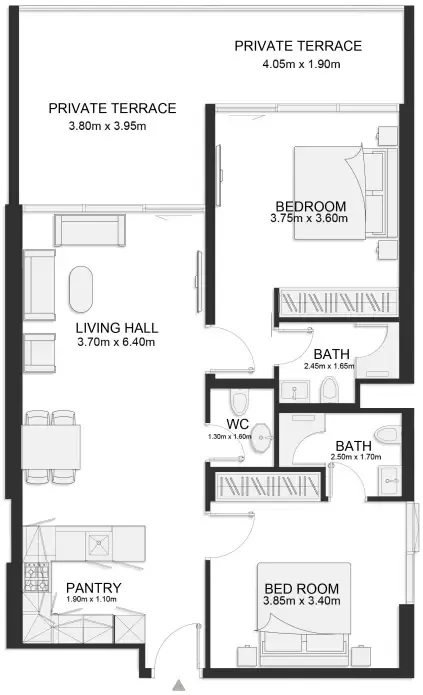 2 bedrooms floor plan