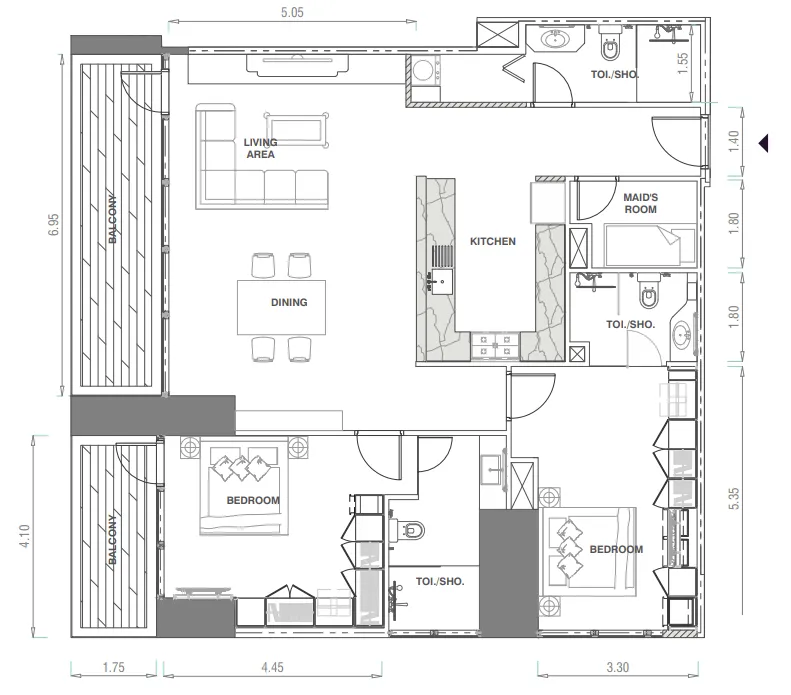 2 bedrooms floor plan