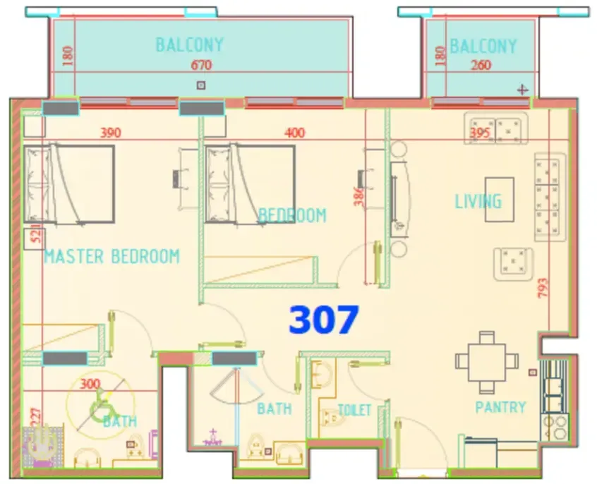 2 bedrooms floor plan