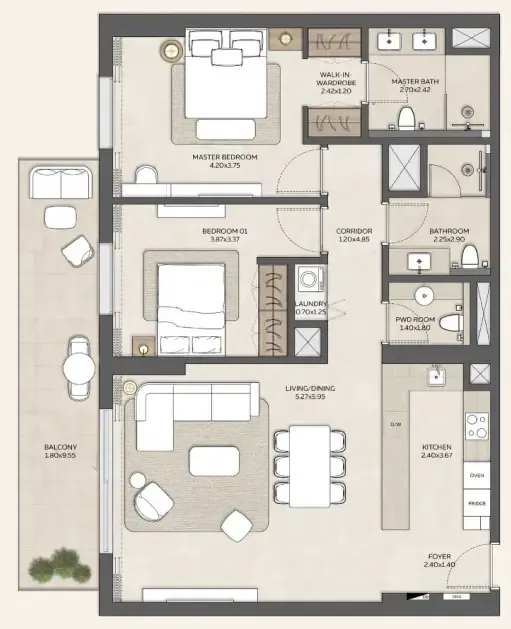 2 bedrooms floor plan