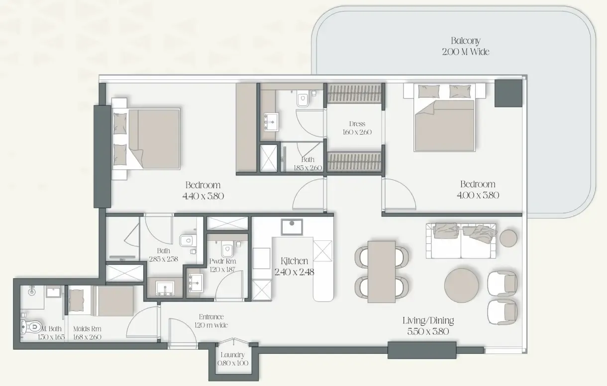2 bedrooms floor plan