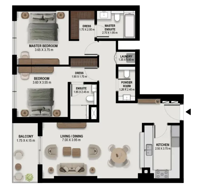 2 bedrooms floor plan