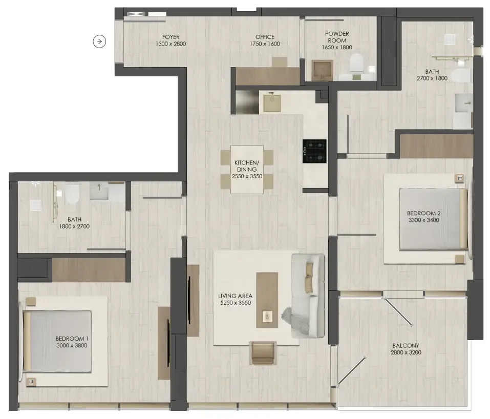 2 bedrooms floor plan