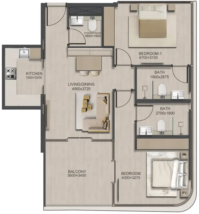 2 bedrooms floor plan